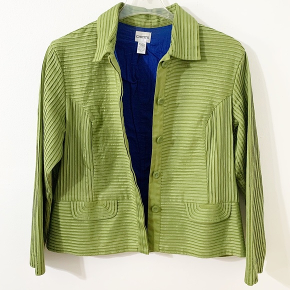 Chico’s Ribbon Appliqué Button Front Fully Lined Jacket Fold Over Collar Pockets - Picture 4 of 9